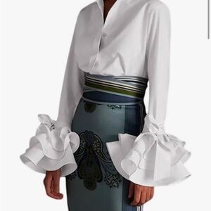 White Ruffle Sleeve Blouse with Patterned Skirt